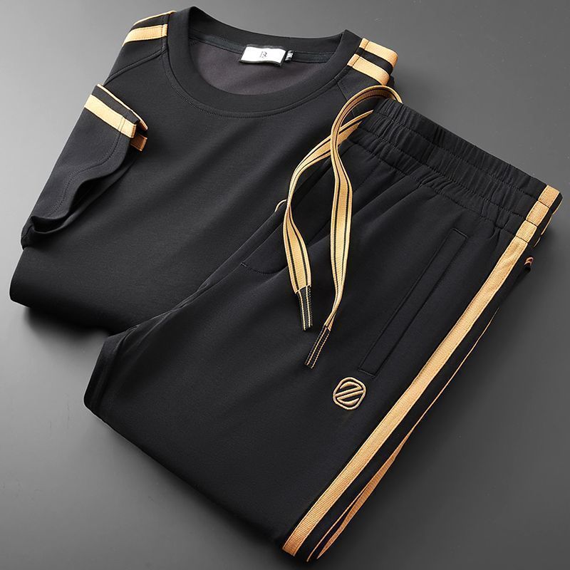 Lightweight Summer Men's 2-Piece Set Breathable Modal Cotton Short Sleeve T-Shirt & Straight Leg Pants With Minimalist Embroidery_viptrois.com