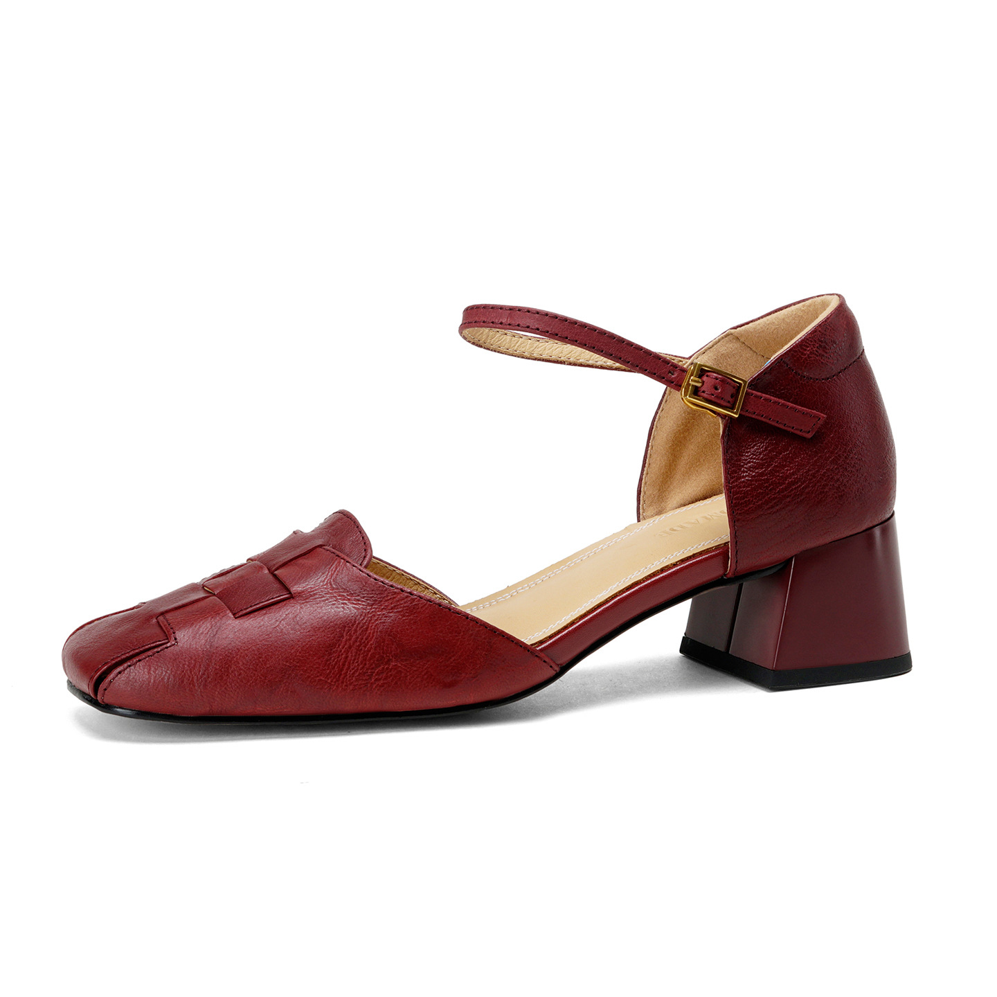 Sandal nữ da dê bện mũi kín quai ngang gót vuông trung bình — đen
