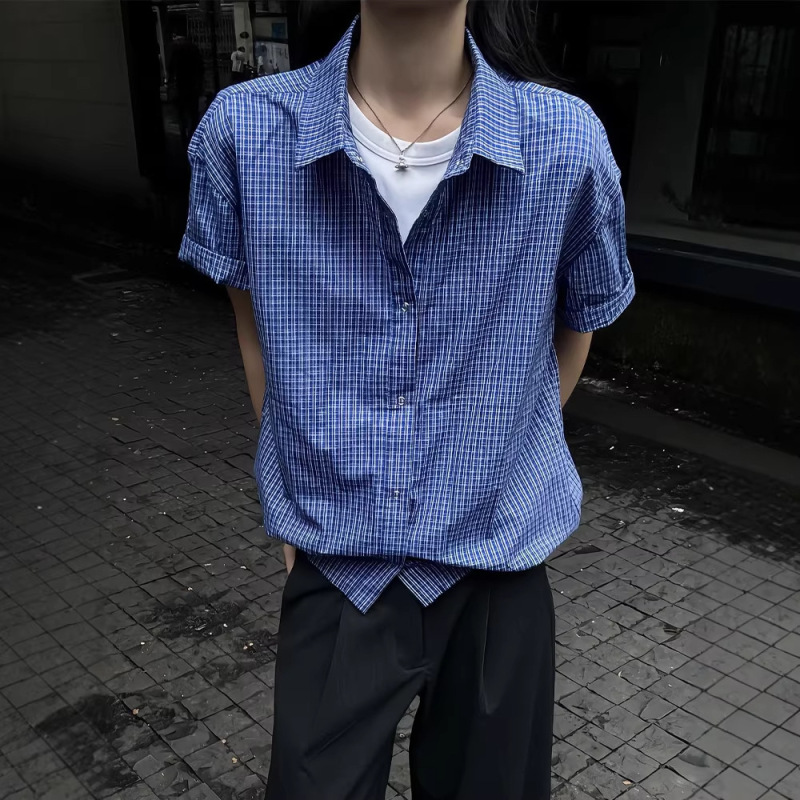 Miu Blue Houndstooth Short-Sleeved Shirt for Men, Summer Thin Style, High-End Cleanfit Drawstring Plaid Shirt