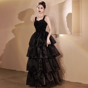 Black Suspender Evening Dress Sequined Photo Studio Wedding Dress High-End 2025 New Birthday Host Graduation Cake Dress