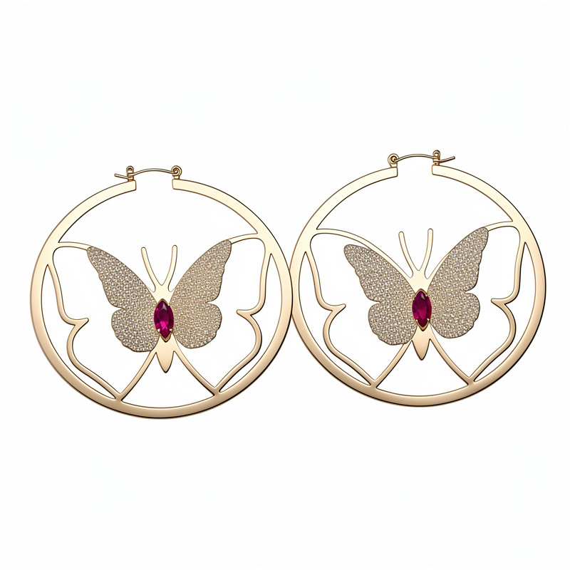 Europa y los Estados Unidos transfronterizos diamantes redondos huecos mariposa personalidad nicho exagerado pendientes ligeros de lujo alta sensación de pendientes para mujeres