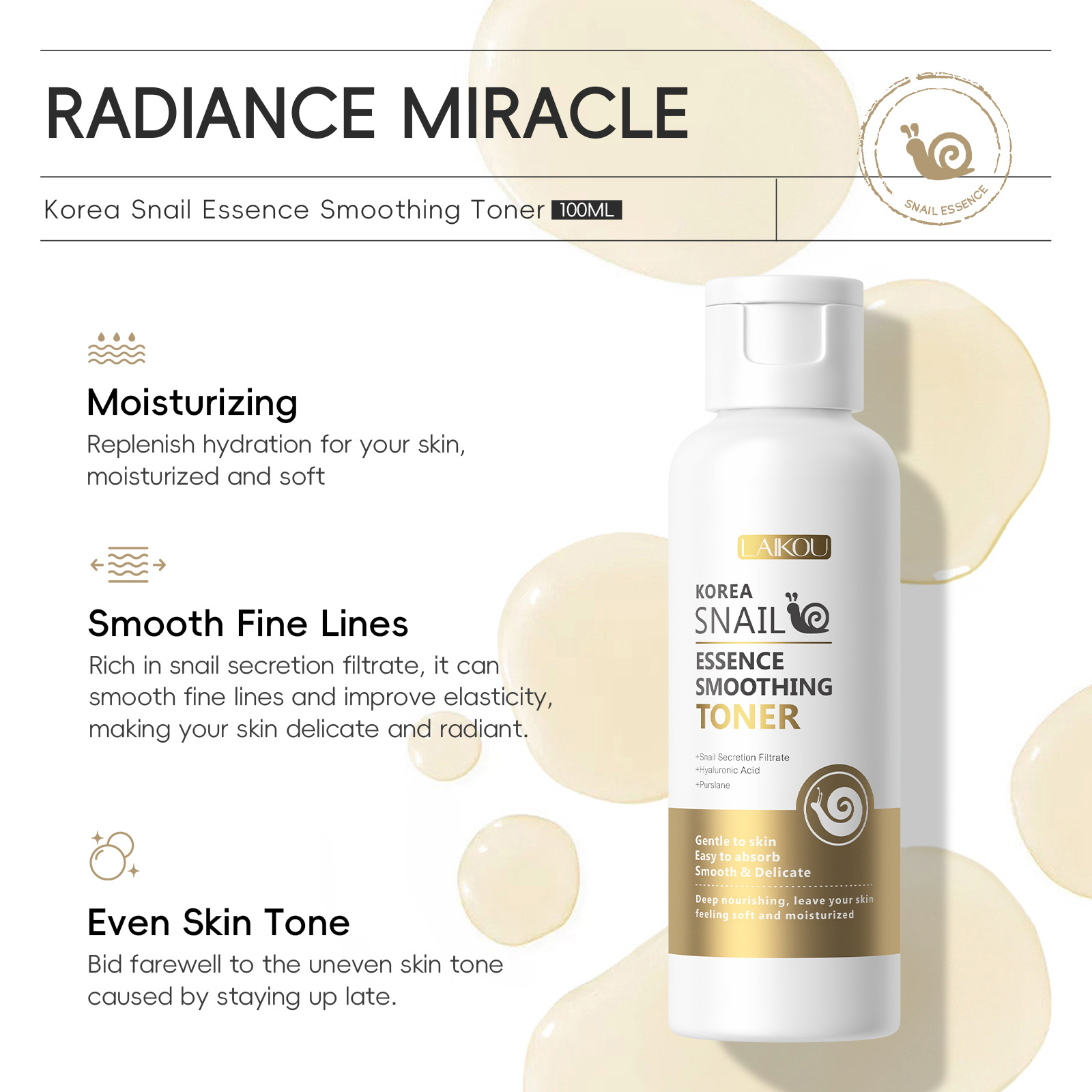 Cross-border LAIKOU Korean Snail Essence Toner 100ml Hydrating and Moisturizing Manufacturer in stock undefined