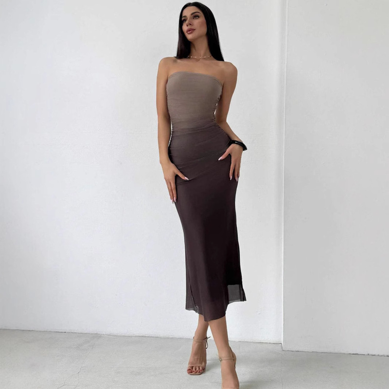 2025 cross-border American gradient mesh strapless tight dress TK Amazon mesh tube-length skirt wholesale