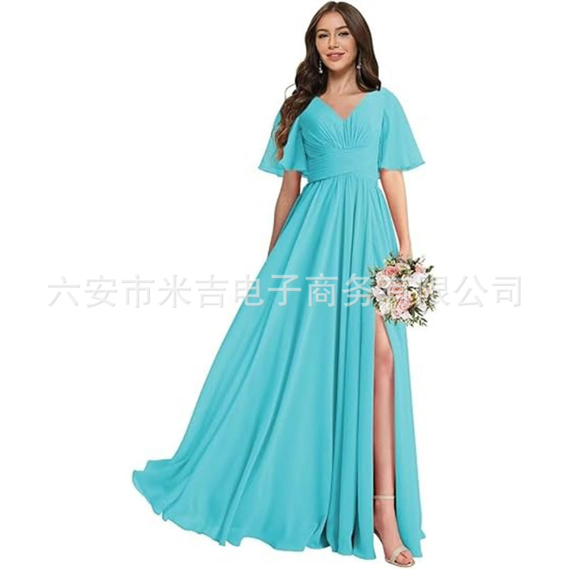 European and American V-Neck Butterfly Sleeve Bridesmaid Dress A-Line Long Chiffon Formal Party Prom Dress with Slit
