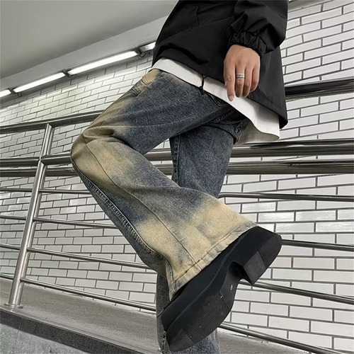 American-style vintage patchwork irregular yellow-dyed denim jeans | Men's and women's relaxed-fit, figure-flattering, flowy high-street micro-flare trousers