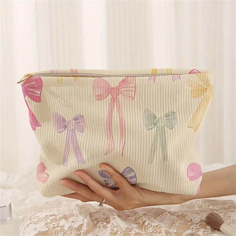 Shein Amazon Temu Colorfulful Large Bow Printed Corduroy Zipper Storage Bag Lightweight Cosmetic Bag