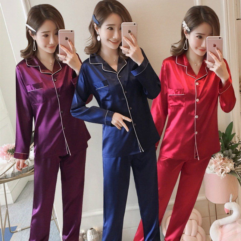 Cross-Border Supply Pajamas Imitation Silk Women's Long-Sleeved Trousers Two-Piece Cardigan Sexy Spring and Autumn Plus Size Suit