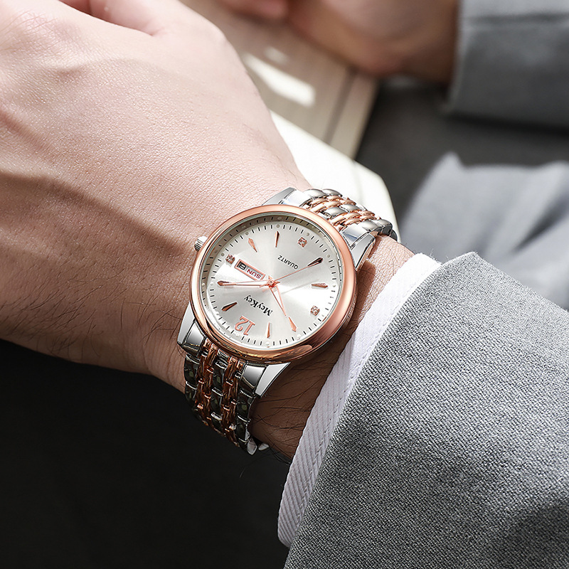 McyKcy marca cinturón de acero aleación reloj de negocios muestra calendario semana transfronterizo al por mayor reloj de cuarzo de doble calendario