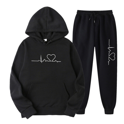Men's and Women's Fleece Sweatshirt Set Autumn and Winter Heart Print Hooded Sweatshirt Trend Brand New Men's Set