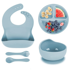 Amazon Best Selling Children's Tableware Smiling Silicone Plate Baby Food Bowl Bib Spoons Fork Set