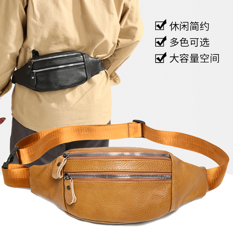 Men's First-Layer Cowhide Leather Waist Bag, Simple and Stylish, Large-Capacity Crossbody Bag, Outdoor Sports and Leisure Chest Bag, Available in Multiple Colors
