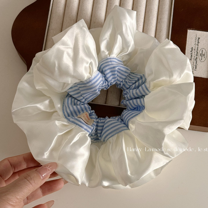 Oversized Cream Satin Lace Ballet Style Blue Stripe Large Intestine Hair Ring Hair Flower Sweet Princess Beautiful Hair Rope