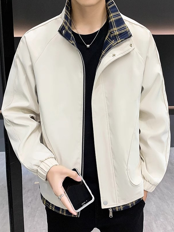 Herrenmantel Stehkragenjacke Herren Spleißen Frühling und Herbst Trend Lockerer lässiger Karomantel All Match Top Trend_voghion.com
