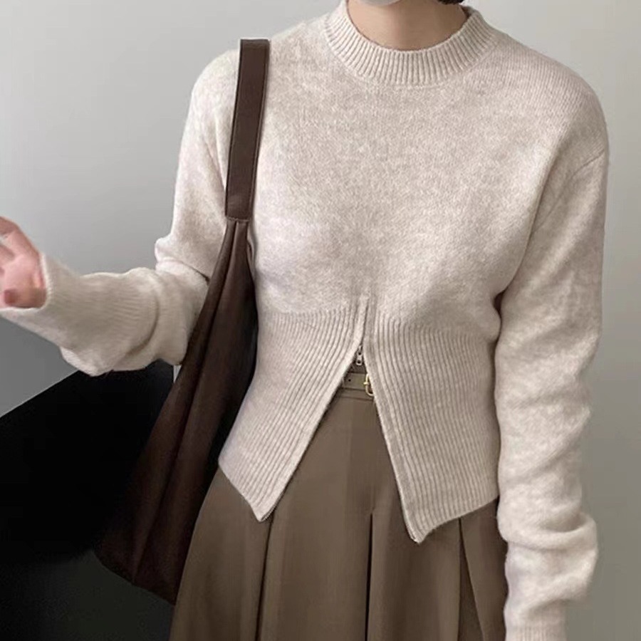 Women's Clothing Autumn and winter Korean split short sweater for women, design niche French top with round neck pullover sweater_voghion.com