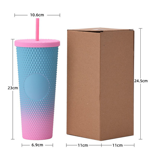 Double-layer plastic straw cup large capacity creative 710ml durian cup hand cup luminous color changing rainbow gradient cup