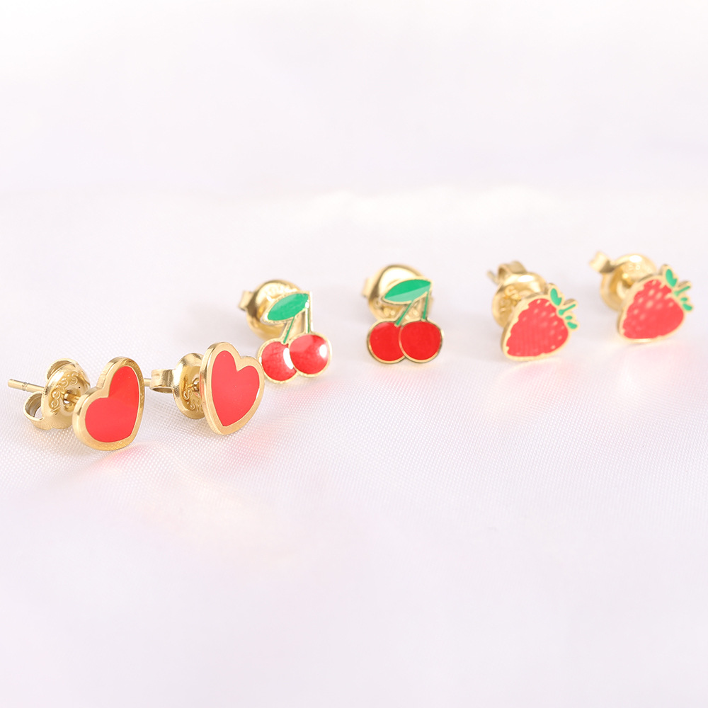 Enamel Design 1 Pair Simple Style Cherry Heart Shape Strawberry Enamel Titanium Steel Ear Studs