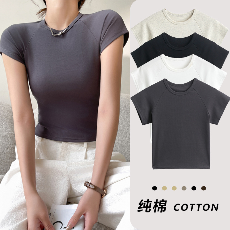 2026 Pure Cotton Short Round Neck Regular Shoulder Short Sleeve T-Shirt for Women, Suitable for Spring and Summer, Can Be Worn Outside, Slim Fit Design, Base Shirt