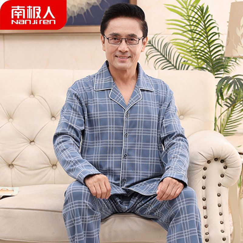Pijamas de hombre primavera y otoño de mediana edad 100% algodón de manga larga de mediana edad y anciano papá más tamaño traje de homewear