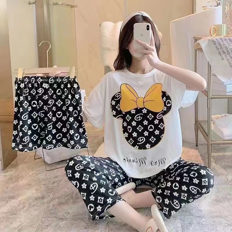 [conjunto de tres piezas] pijamas de mujer nuevo cuello redondo de verano manga corta ropa casera casual pantalones cortos sueltos set