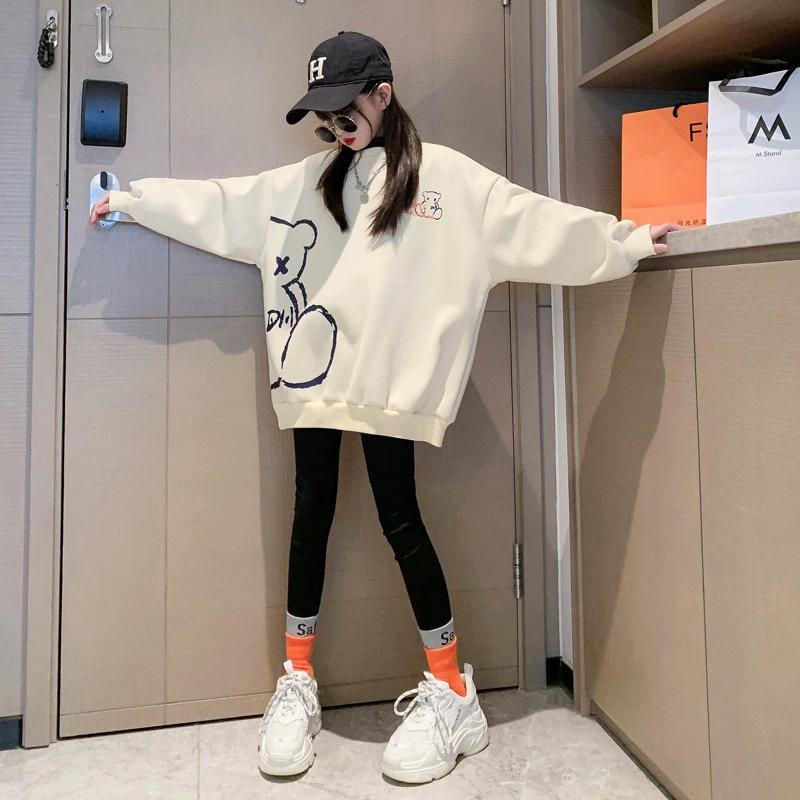 Детский свитер oversize, подросток унисекс, длинный по середине с принтом медведя, западный стиль