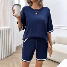 2025春夏欧美跨境休闲宽松圆领撞色短款T恤短裤2件套毛衣女装厂家