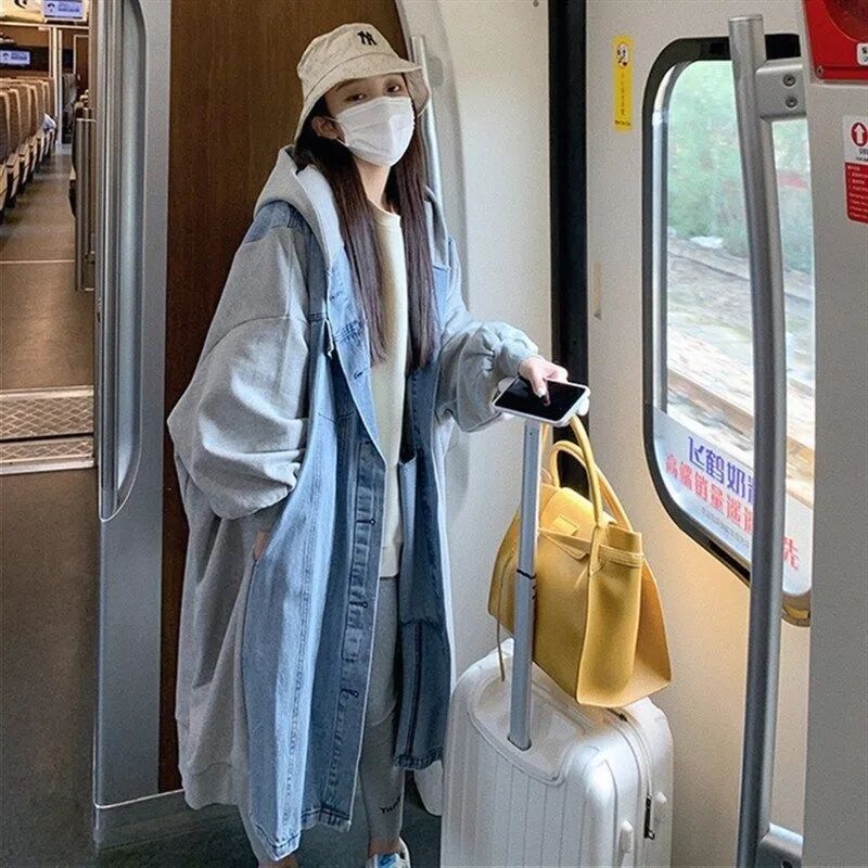 Street New Hooded Denim Jacket for Women Spring and Autum New Style Mid-Length Retro Splicing Workwear Large Windbreaker Trend