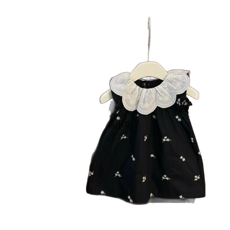 Limón salado siete ropa para niños 2025 verano nuevo estilo bordado cuello de hoja de loto vestido floral negro falda chaleco sin mangas para niñas