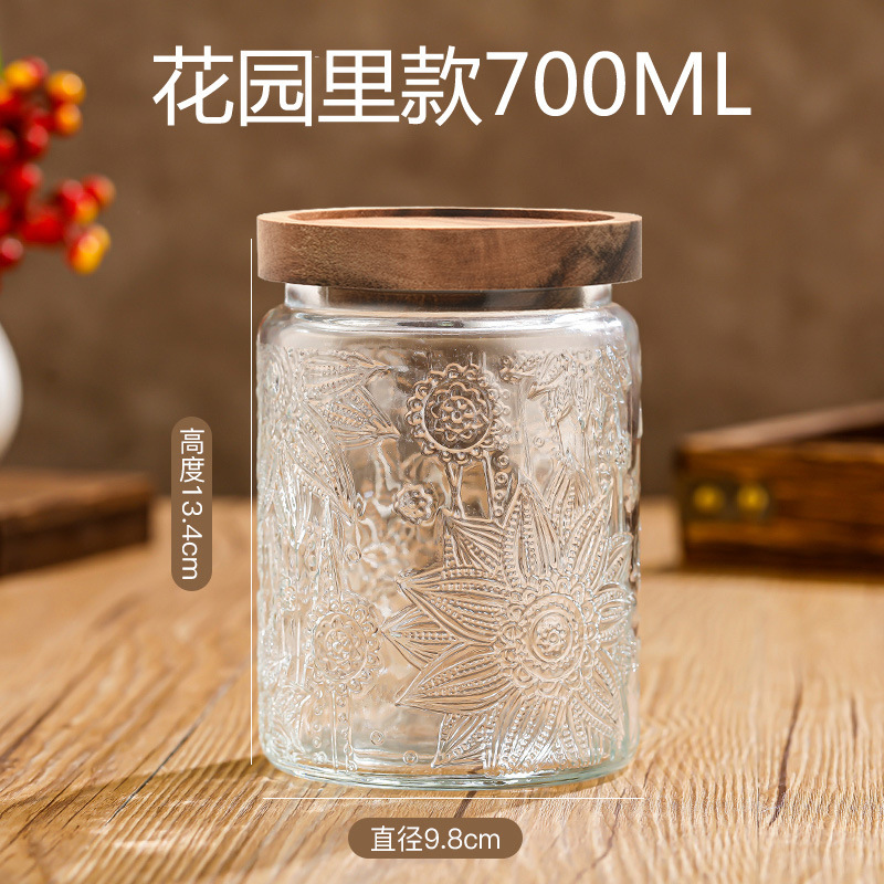 Tarro de almacenamiento de flores de Begonia vintage con tapa de madera tarro de almacenamiento tarro de vidrio sellado granos de té de frutas secas fábrica al por mayor
