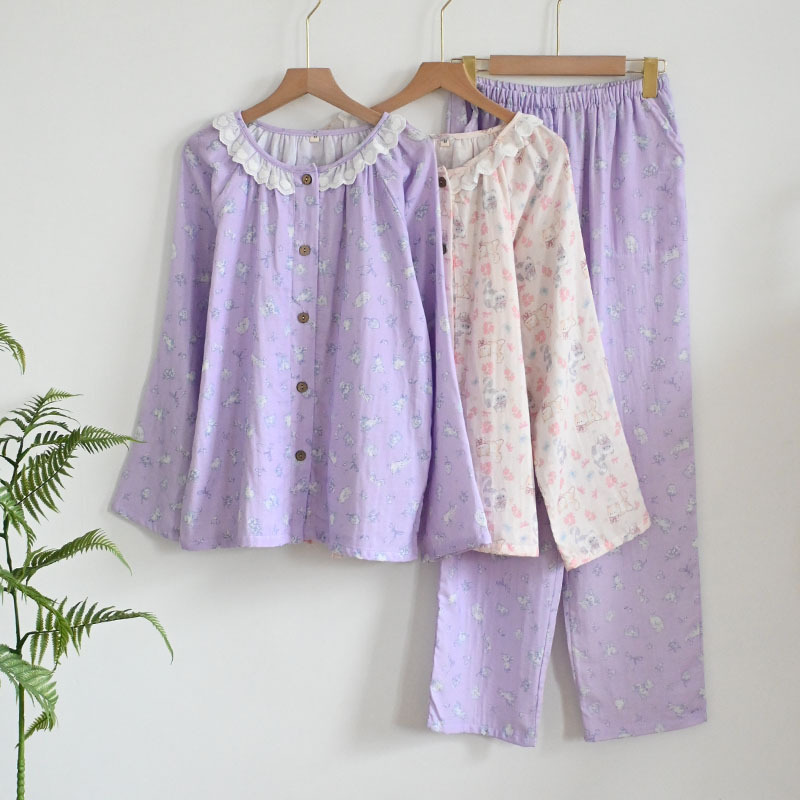 Class a 100% Cotton Double-Layer Gauze Spring, Autumn, and Summer Pajamas for Women, Sweet Lace Homewear, Long-Sleeve Cardigan Set 2026