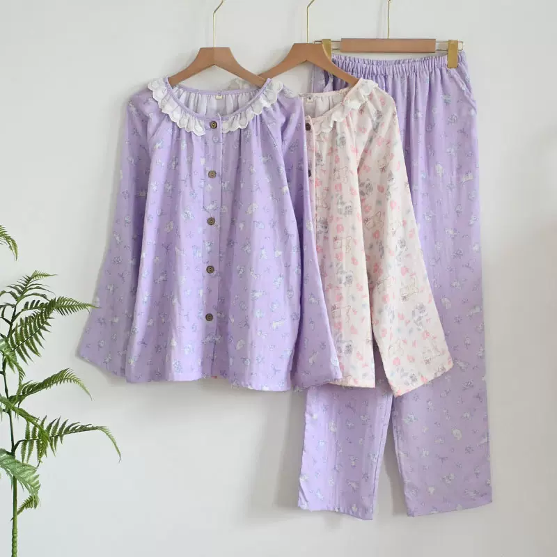 A类棉~双层纱布春秋夏睡衣女甜美花边家居服长袖开衫套装宽松