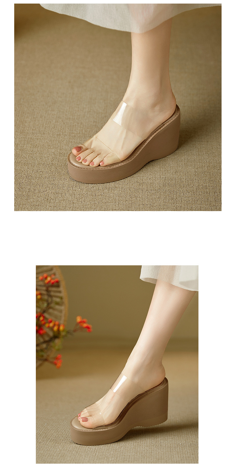 Dép sandal nữ quai ngang đế xuồng cao gót trong suốt — màu đen, màu mơ chi tiết 10