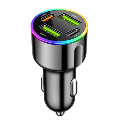 60W Colorful Ambient Light Car Charger Super Fast Charging 2025 New Model Car Charger Pd30W Direct Supply from Cross-Border Factory (Mobil şarj cihazları) - c186-super-fast-charge-aacc-four-port-colorful-ambient-light-60w-opp-bag