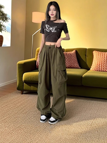 American retro lined work pants for women, loose hot girl style hiphop street dance pants with functional drawstring long pants