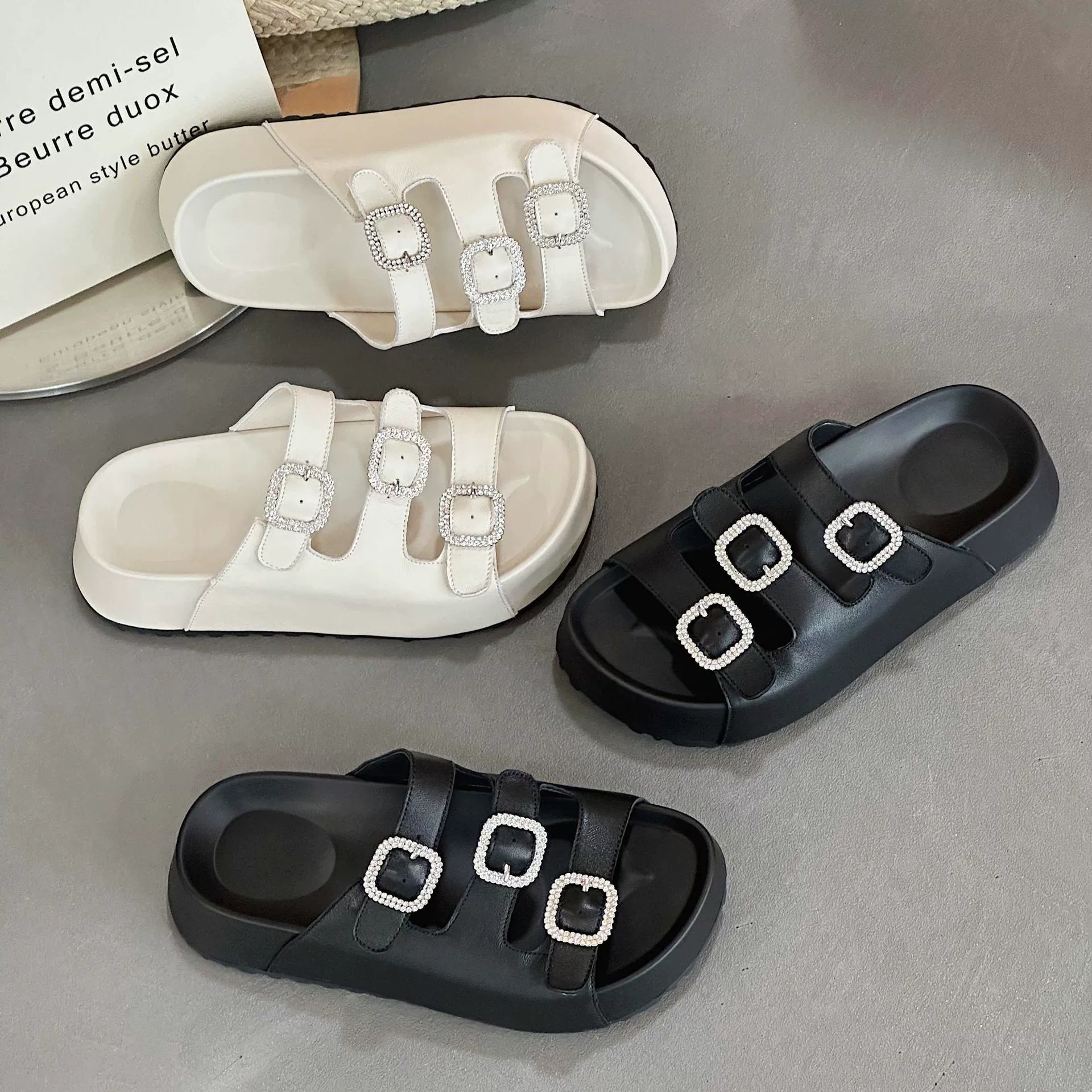 Slippers platform, footwear, summer belt, universal buckle, European style, genuine leather