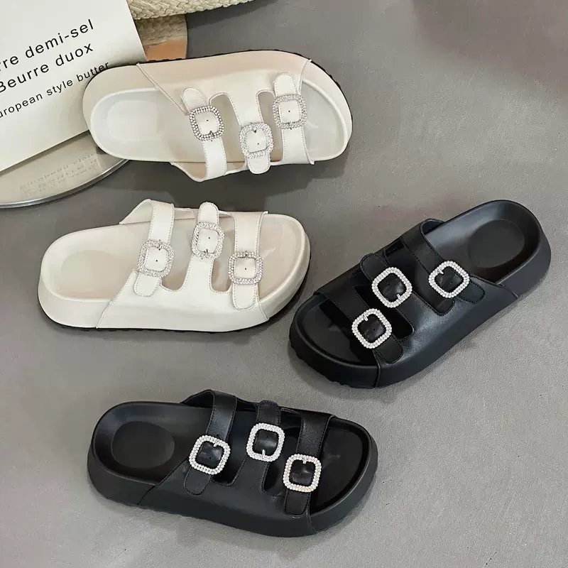 Slippers platform, footwear, summer belt, universal buckle, European style, genuine leather