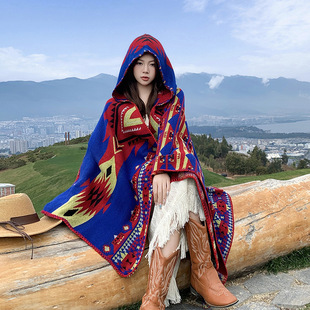 Ethnic Style Hooded Cloak Shawl for Women in All Seasons Thickeneded and Warm Xinjiang Xizang Lijiang Travel Photo Outer Cloak