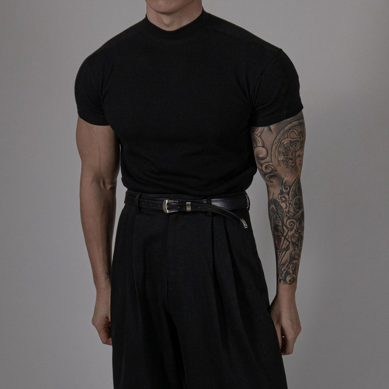 Threaded High Neck Sports T-shirt Men's High Elastic Summer Slim-fit Compression Quick-drying Running Training Fitness Short Sleeve Top
