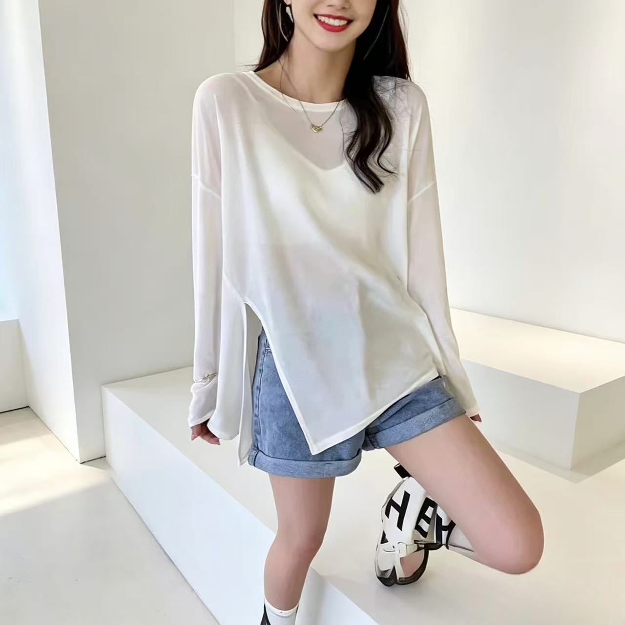 Sheer ice silk top, summer irregular long-sleeved face mask t-shirt, women's loose thin split sun protection cover-up, trendy