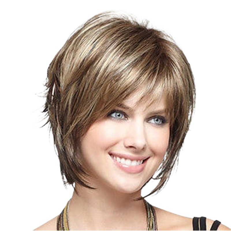 Peluca transfronteriza moda de mujer europea y americana cubierta de cabeza de fibra química marrón color mezclado pelo corto liso spot de fábrica venta directa al por mayor