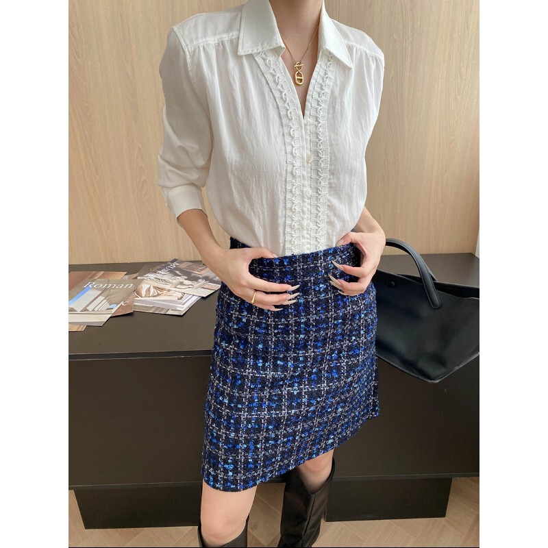 Sinan Simple Travel French Design Interwoven Lace Buttoned Lapel Loose Long-Sleeved Shirt Sn8076