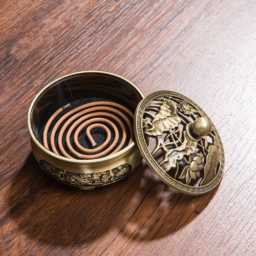 Three-legged carved copper incense burner pure copper plate incense burner antique Zen tea ceremony sandalwood incense burner home indoor aromatherapy burner