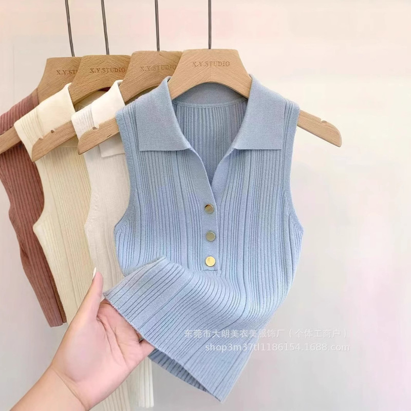 Summer New Style Knitted Skin-Friendly Korean Commuting Sweet Little Camisole Women's Sleeveless Lapel Top Summer New Style Knitted Skin-Friendly Korean Commuting Sweet Little Camisole Women's Sleeveless Lapel Top
