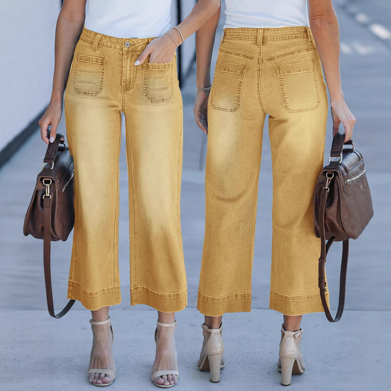 Cross-Border Amazon Temu European and American Women's Denim Solid Color Casual Straight-Leg Cropped Pants That Make Legs Look Longer, Fashionable and Casual