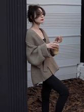 感古着韩版慵懒风大毛衣外套女秋冬季宽松收腰绑带v领针织衫