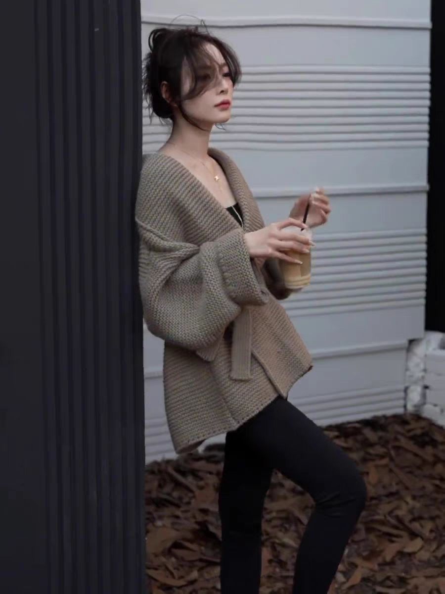 感古着韩版慵懒风大毛衣外套女秋冬季宽松收腰绑带v领针织衫