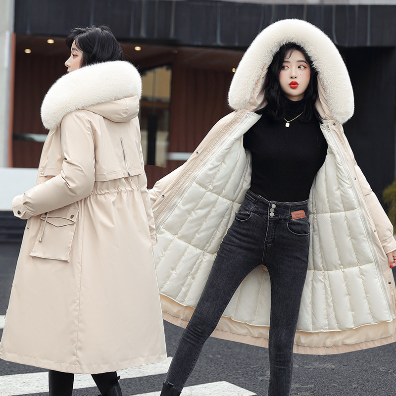 Parker Clothing Cotton-padded Coat Plus Velvet Winter New Down Cotton-padded Coat Women's Mid-length Korean Style Waist Large Size Cotton-padded Coat Thick Coat