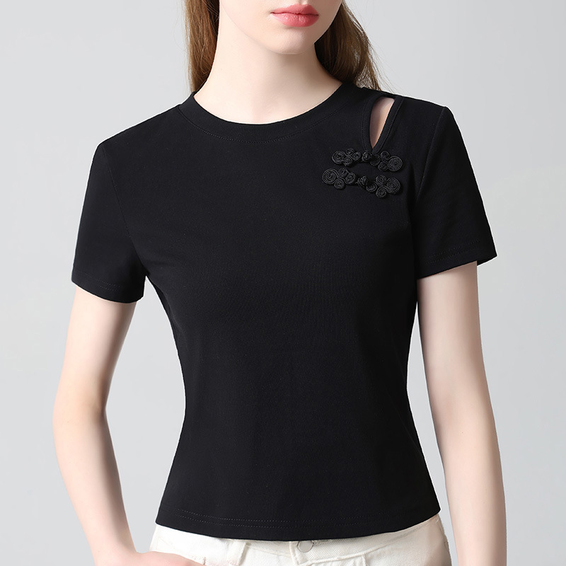 Nueva camiseta china de manga corta mujer 2025 nueva mujer retro hebilla de disco color sólido camiseta de algodón diseño sentido camisa hueca