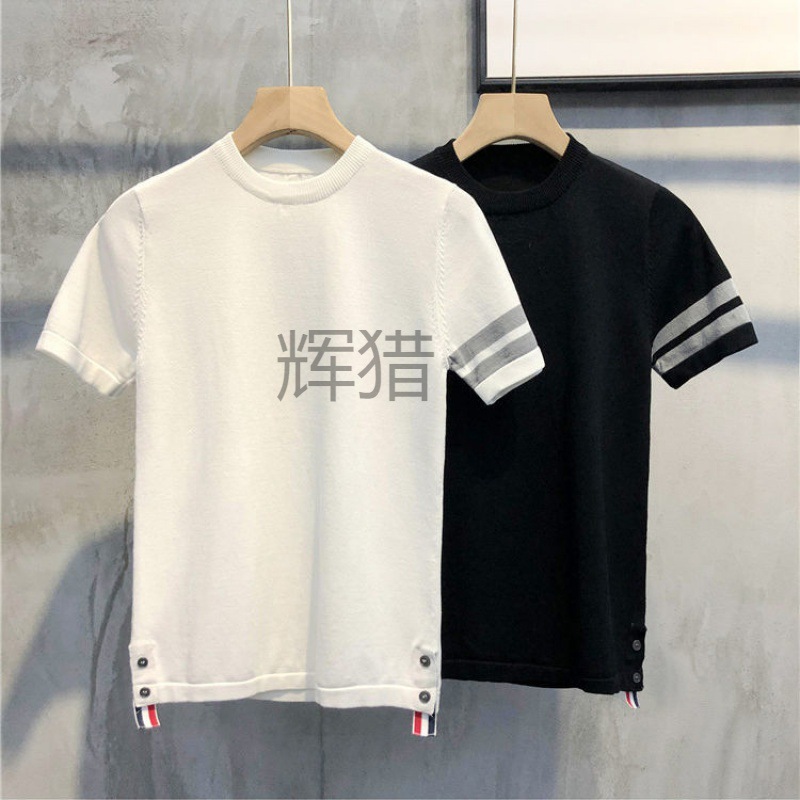 Hl Summer Ice Silk Men's Short-sleeved Knitted Shirt Slim-fit Crewneck Split Half-sleeved T-shirt Korean Fashionable Breathable Men's Top