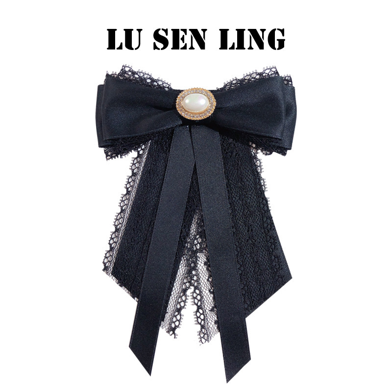 Korean Fashion New Black Small Fragrant Alloy Women's Lace Pearl Bow Palace Style Brooch Shirt Accessories