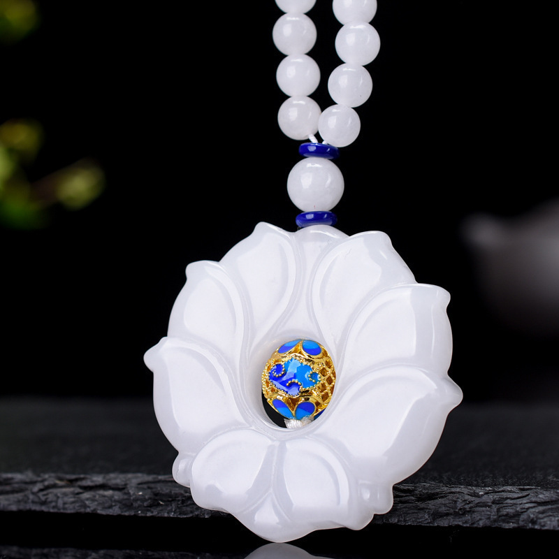 智贝详情图_0金丝玉毛衣链新疆白玉双面莲花项链景泰蓝配饰玉吊